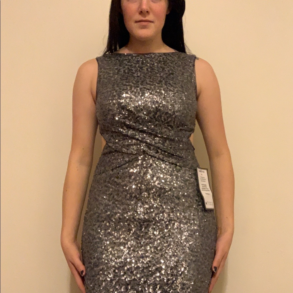 NWT BETSY & ADAM Silver Sequin Gown with Cut Outs